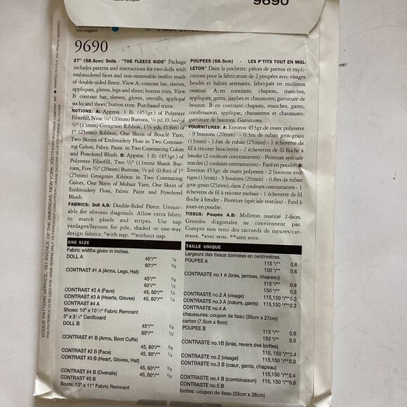 UNCUT Vogue Sewing Pattern #9690 Craft Makes 2,  27" Inch Rag Dolls - Picture 2 of 3